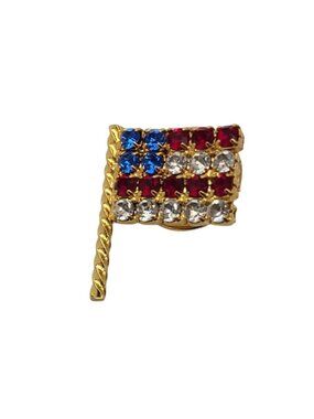 American Flag Pin Brooch With Rhinestones Gold Tone Patriotic Design
